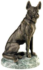 Bronz kisplasztika szobor llatfigurk Kutya, nmet juhsz, mrvnyon