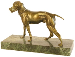 Bronz kisplasztika szobor llatfigurk Kutya, vizsla, ll, kicsi, mrvnyon
